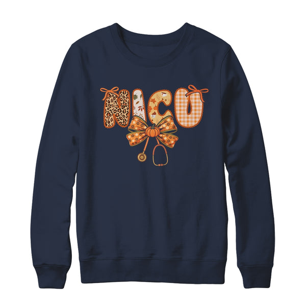 NICU Nurse Stethoscope Coquette Bow Autumn Fall Nursing RN Shirt Sweatshirt Crewneck Sweatshirt Navy 600x.jpg