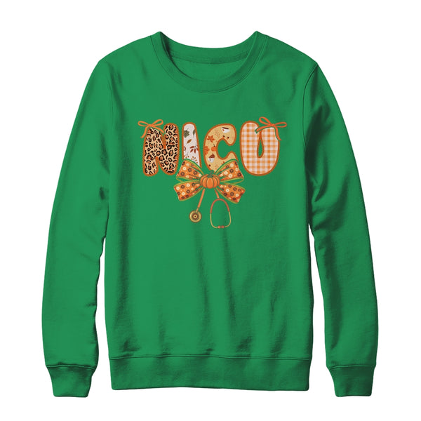 NICU Nurse Stethoscope Coquette Bow Autumn Fall Nursing RN Shirt Sweatshirt Crewneck Sweatshirt Irish Green 600x.jpg