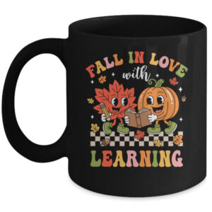 Retro Fall In Love With Learning Autumn Pumpkin Teacher Kids Mug 11oz Mug Black front 600x.jpg
