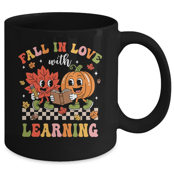 Retro Fall In Love With Learning Autumn Pumpkin Teacher Kids Mug 11oz Mug Black back 600x.jpg
