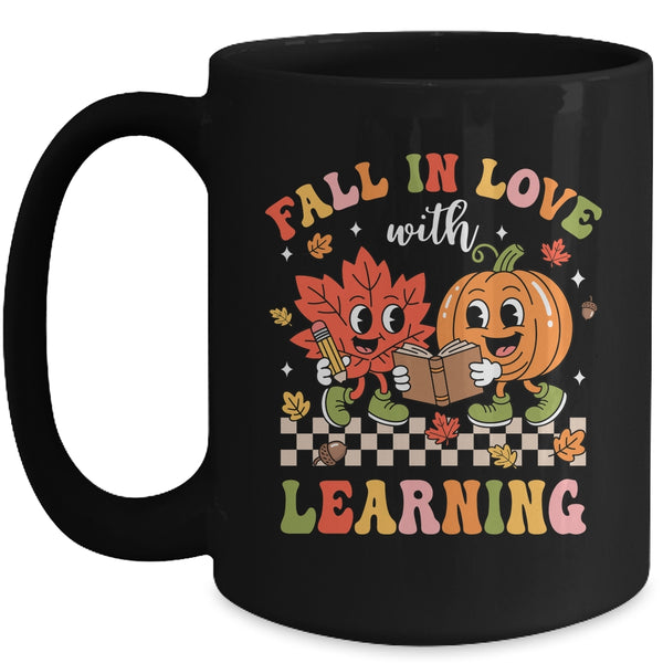 Retro Fall In Love With Learning Autumn Pumpkin Teacher Kids Mug 15oz Mug Black front 600x.jpg