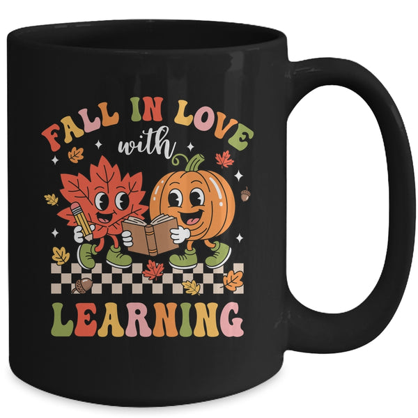 Retro Fall In Love With Learning Autumn Pumpkin Teacher Kids Mug 15oz Mug Black back 600x.jpg