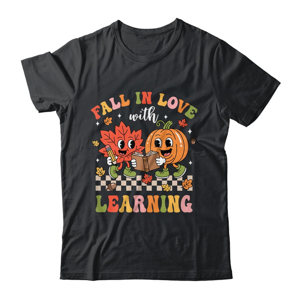 Retro Fall In Love With Learning Autumn Pumpkin Teacher Kids Shirt Hoodie Classic T Shirt Black 600x.jpg