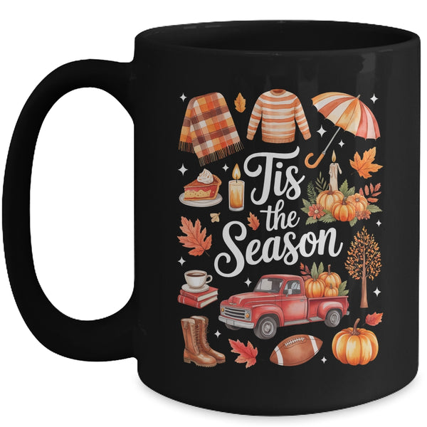 Tis The Season Pumpkin Autumn Fall Y all Leaves Thanksgiving Mug 15oz Mug Black front 600x.jpg