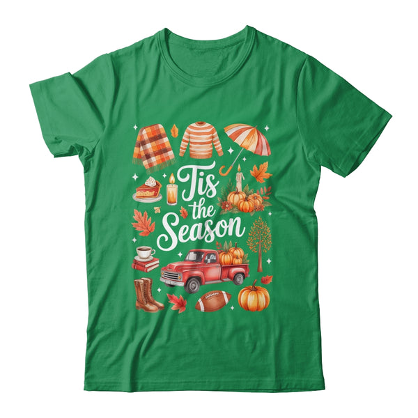Tis The Season Pumpkin Autumn Fall Y all Leaves Thanksgiving Shirt Sweatshirt Classic T Shirt Irish Green 600x.jpg