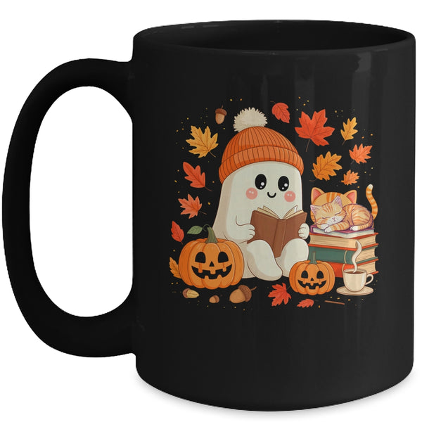 Cute Ghost Reading Book Lovers Autumn Fall Halloween Ghost Mug 15oz Mug Black front 600x.jpg