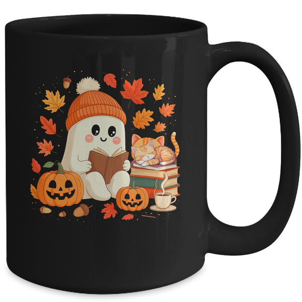 Cute Ghost Reading Book Lovers Autumn Fall Halloween Ghost Mug 15oz Mug Black back 600x.jpg