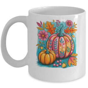 Boho Floral Fall Autumn Vibes Season Pink Pumpkin Girls Mug 11oz Mug White front 600x.jpg