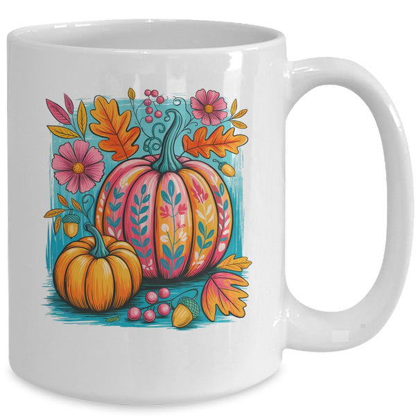 Boho Floral Fall Autumn Vibes Season Pink Pumpkin Girls Mug 15oz Mug White back 600x.jpg