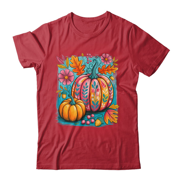 Boho Floral Fall Autumn Vibes Season Pink Pumpkin Girls Shirt Sweatshirt Classic T Shirt Red 600x.jpg