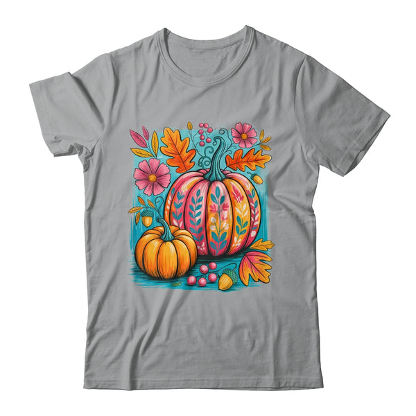 Boho Floral Fall Autumn Vibes Season Pink Pumpkin Girls Shirt Sweatshirt Classic T Shirt Sport Grey 600x.jpg