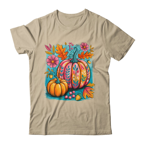 Boho Floral Fall Autumn Vibes Season Pink Pumpkin Girls Shirt Sweatshirt Classic T Shirt Sand 600x.jpg