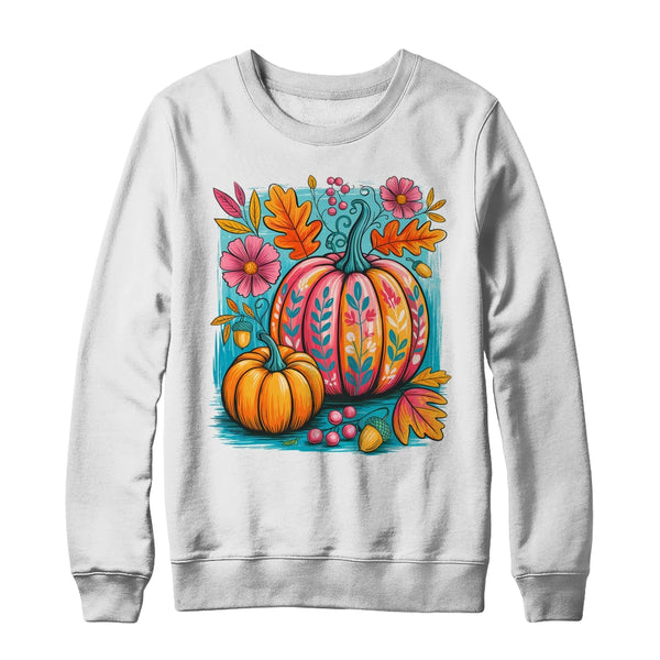 Boho Floral Fall Autumn Vibes Season Pink Pumpkin Girls Shirt Sweatshirt Crewneck Sweatshirt White 600x.jpg