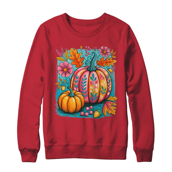 Boho Floral Fall Autumn Vibes Season Pink Pumpkin Girls Shirt Sweatshirt Crewneck Sweatshirt Red 600x.jpg