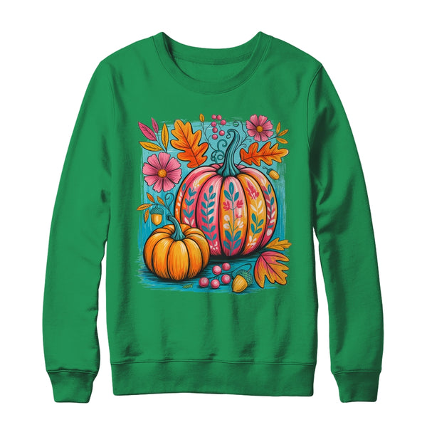 Boho Floral Fall Autumn Vibes Season Pink Pumpkin Girls Shirt Sweatshirt Crewneck Sweatshirt Irish Green 600x.jpg