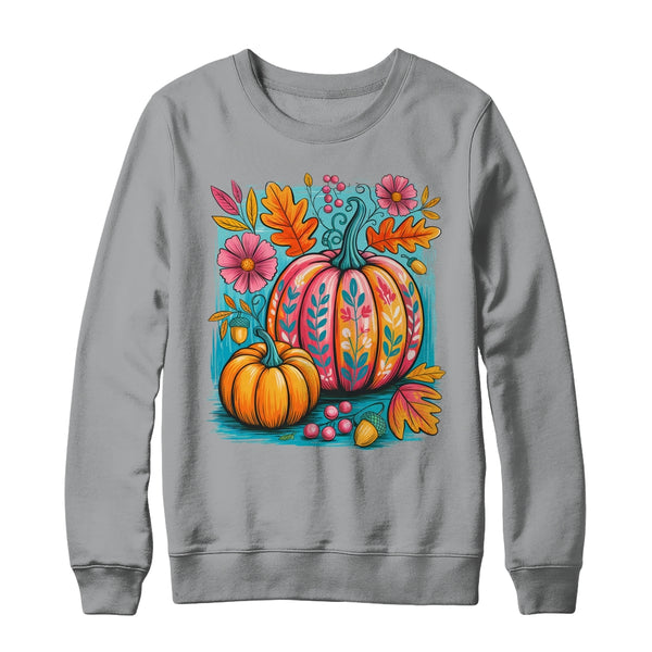 Boho Floral Fall Autumn Vibes Season Pink Pumpkin Girls Shirt Sweatshirt Crewneck Sweatshirt Sport Grey 600x.jpg