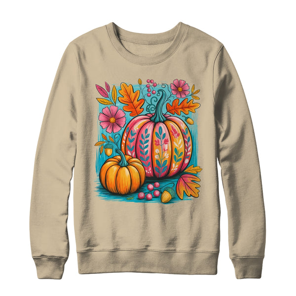 Boho Floral Fall Autumn Vibes Season Pink Pumpkin Girls Shirt Sweatshirt Crewneck Sweatshirt Sand 600x.jpg