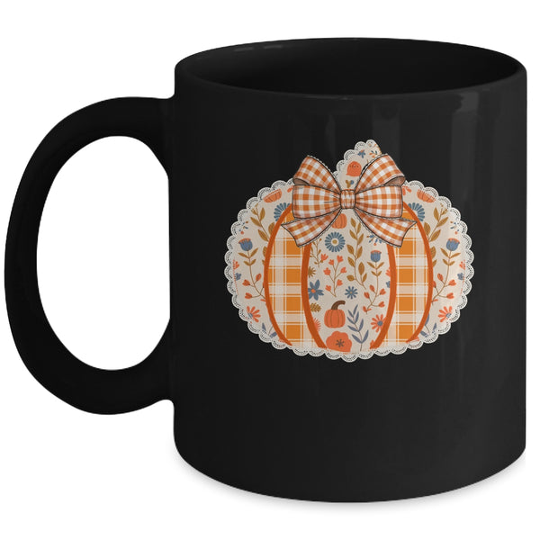 Preppy Floral Fall Pumpkin Vintage Floral Autumn Coquette Mug 11oz Mug Black front 600x.jpg