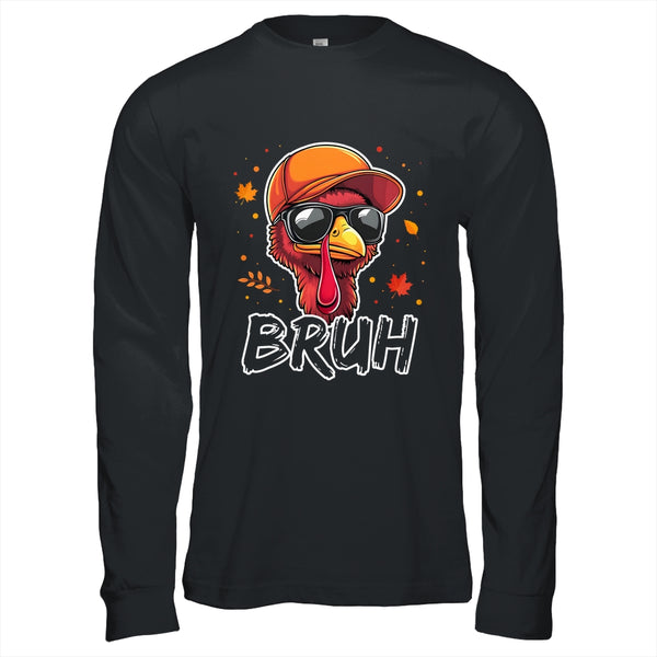 Turkey Face Thanksgiving Bruh Meme Boys Men Turkey Funny Long Sleeve T Shirt Black 600x.jpg
