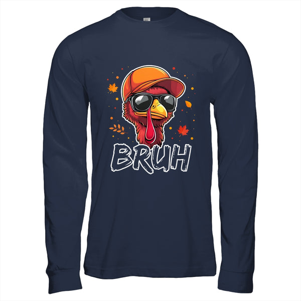 Turkey Face Thanksgiving Bruh Meme Boys Men Turkey Funny Long Sleeve T Shirt Navy 600x.jpg