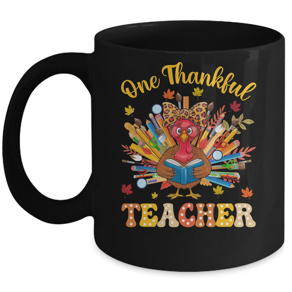 One Thankful Teacher Thanksgiving Cute Turkey Fall Season Mug 11oz Mug Black front 600x.jpg