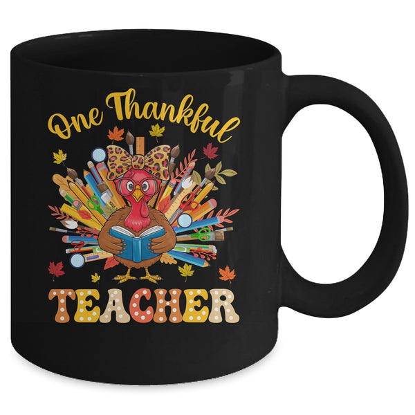 One Thankful Teacher Thanksgiving Cute Turkey Fall Season Mug 11oz Mug Black back 600x.jpg