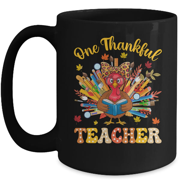 One Thankful Teacher Thanksgiving Cute Turkey Fall Season Mug 15oz Mug Black front 600x.jpg
