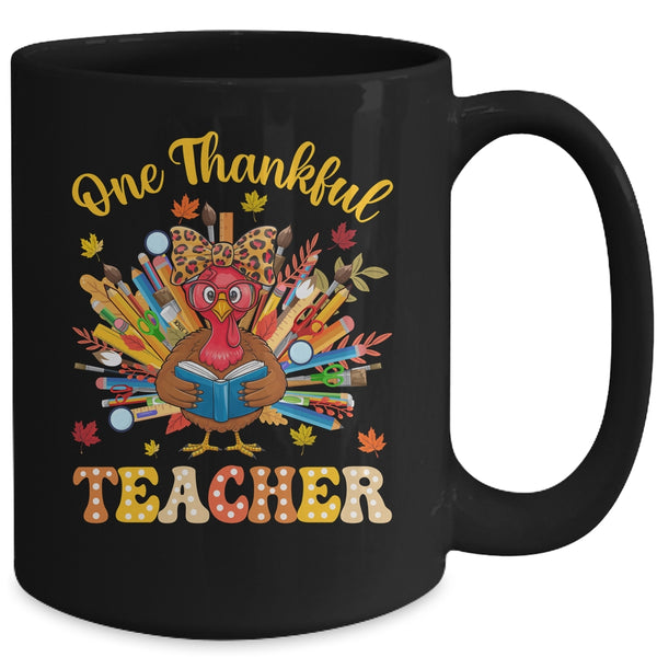 One Thankful Teacher Thanksgiving Cute Turkey Fall Season Mug 15oz Mug Black back 600x.jpg
