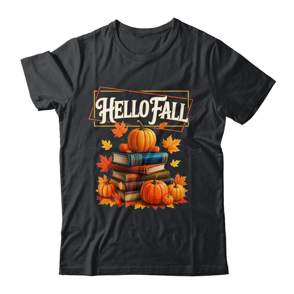 Hello Fall Pumpkin And Books Reading Lovers In Autumn Fall Shirt Sweatshirt Classic T Shirt Black 600x 1.jpg