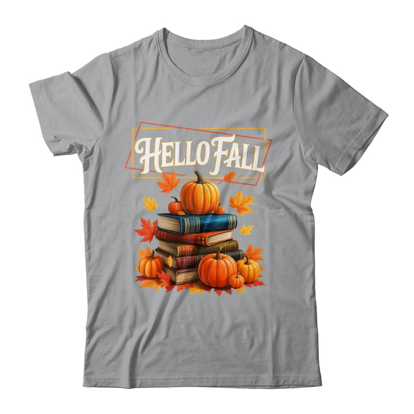 Hello Fall Pumpkin And Books Reading Lovers In Autumn Fall Shirt Sweatshirt Classic T Shirt Sport Grey 600x 1.jpg