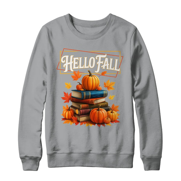 Hello Fall Pumpkin And Books Reading Lovers In Autumn Fall Shirt Sweatshirt Crewneck Sweatshirt Sport Grey 600x 1.jpg