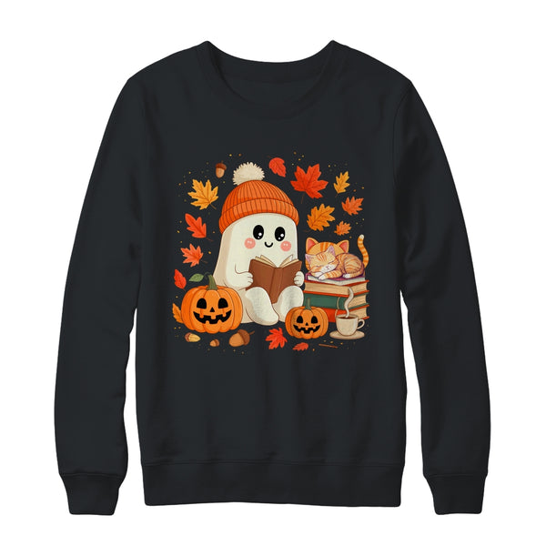 Cute Ghost Reading Book Lovers Autumn Fall Halloween Ghost Shirt Sweatshirt Crewneck Sweatshirt Black 600x.jpg