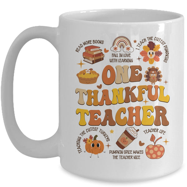 One Thankful Teacher Thanksgiving Retro Groovy Fall Teachers Mug 15oz Mug White front 600x.jpg