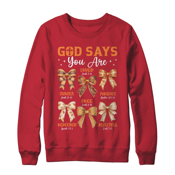 Autumn Christian Thanksgiving Coquette Bow God Says You Are Crewneck Sweatshirt Red 600x.jpg