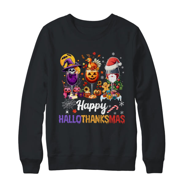 Happy Hallothanksmas Halloween Thanksgiving Christmas Drink Crewneck Sweatshirt Black 600x.jpg