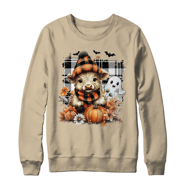 Cute Fall Highland Cow Ghost Spooky Season Autumn Halloween Crewneck Sweatshirt Sand 600x.jpg