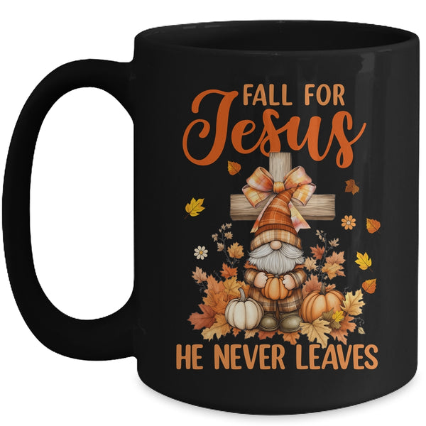 Autumn Gnome Cross Fall For Jesus He Never Leaves Christian Mug 15oz Mug Black front 600x.jpg