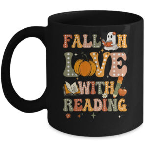 Fall In Love With Reading Book Autumn Pumpkin And Teacher Mug 11oz Mug Black front 600x.jpg
