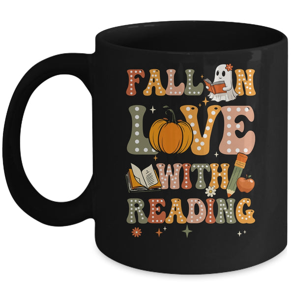 Fall In Love With Reading Book Autumn Pumpkin And Teacher Mug 11oz Mug Black front 600x.jpg