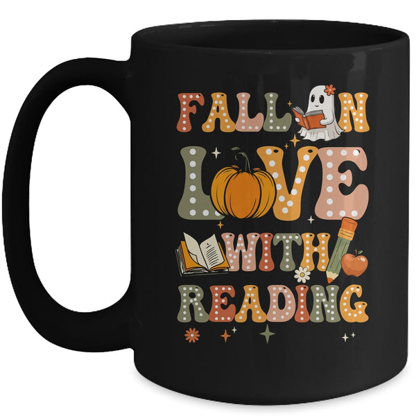 Fall In Love With Reading Book Autumn Pumpkin And Teacher Mug 15oz Mug Black front 600x.jpg