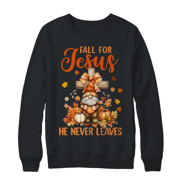 Autumn Gnome Cross Fall For Jesus He Never Leaves Christian Crewneck Sweatshirt Black 600x.jpg