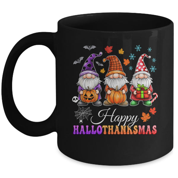 Halloween Thanksgiving Christmas Gnomes Happy HalloThanksMas Mug 11oz Mug Black front 600x.jpg