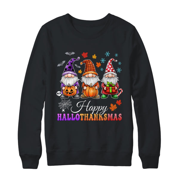 Halloween Thanksgiving Christmas Gnomes Happy HalloThanksMas Crewneck Sweatshirt Black 600x.jpg