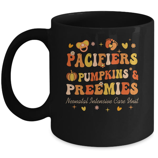 Pacifiers Pumpkins And Preemies Fall NICU Nurse Thanksgiving Mug 11oz Mug Black front 600x.jpg