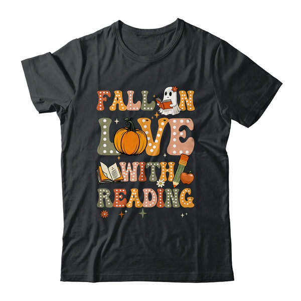 Fall In Love With Reading Book Autumn Pumpkins And Teachers Classic T Shirt Black 600x.jpg