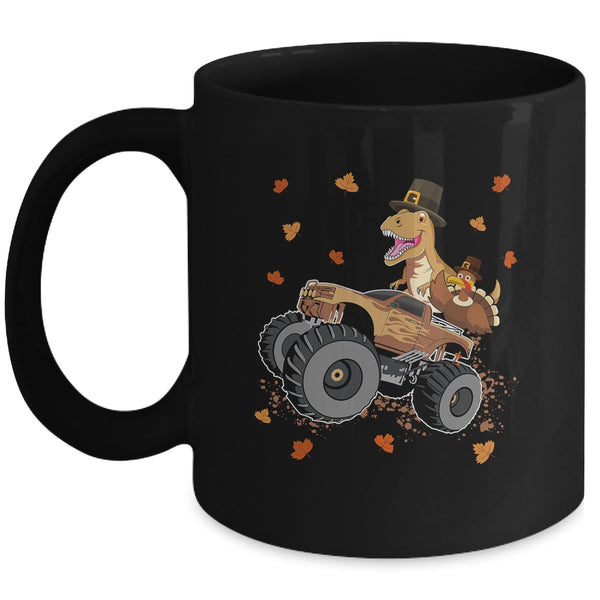 Happy Thanksgiving Dinosaur Turkey Riding Truck Kids Boys Mug 11oz Mug Black front 600x.jpg