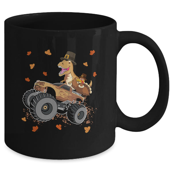 Happy Thanksgiving Dinosaur Turkey Riding Truck Kids Boys Mug 11oz Mug Black back 600x.jpg