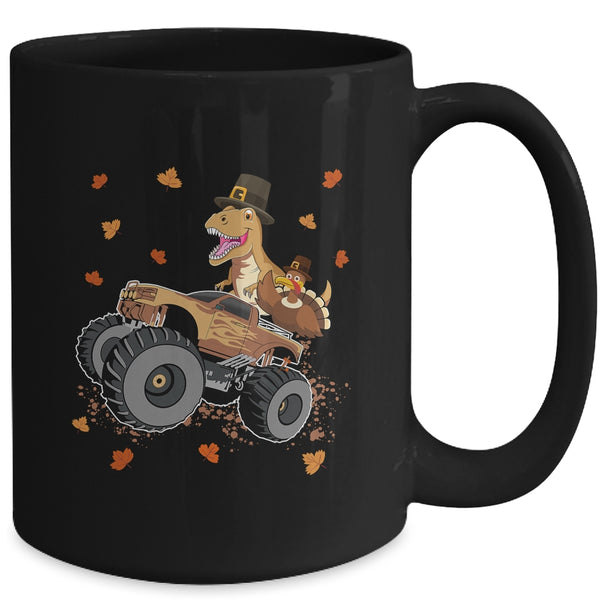 Happy Thanksgiving Dinosaur Turkey Riding Truck Kids Boys Mug 15oz Mug Black back 600x.jpg