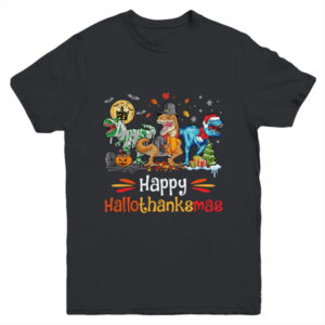 Happy Hallothanksmas T Rex Dinosaur Halloween Christmas Youth Youth T Shirt Black 600x.jpg