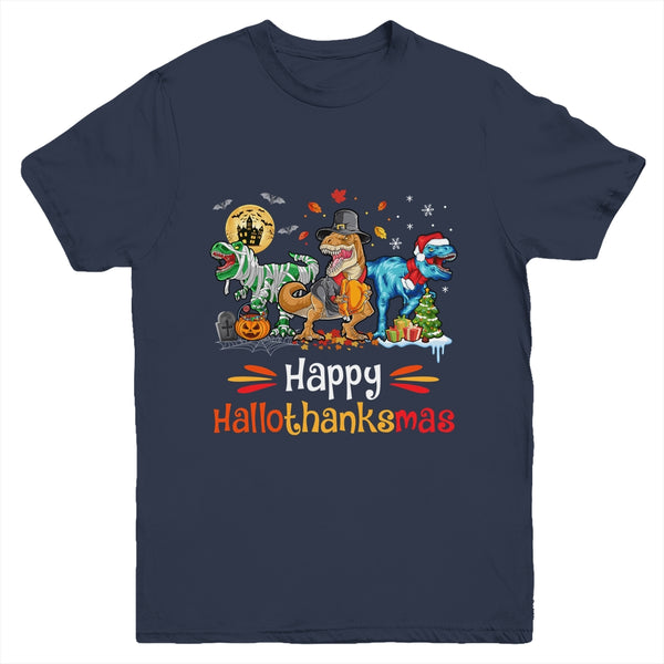 Happy Hallothanksmas T Rex Dinosaur Halloween Christmas Youth Youth T Shirt Navy 600x.jpg